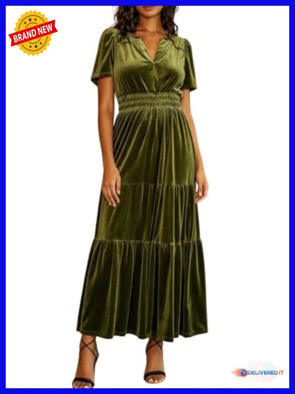 Velvet Maxi Dress Short Sleeve V Neck Ruffle Tiered Wedding Guest